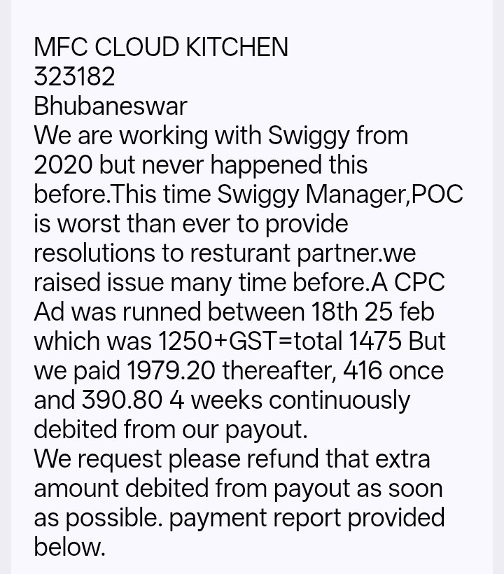 PadmaMishra6's tweet photo. @harshamjty  @SwiggyCares @Swiggy We are MFC CLOUD KITCHEN, RID 323182, Bhubaneswar.
We raised a issue ticket no 21882933 on 23 march is still open and not resolved yet.we mailed many time to Bhubaneswar POC,Manager and all but no result. Please read below. https://t.co/eL09tRlbtB