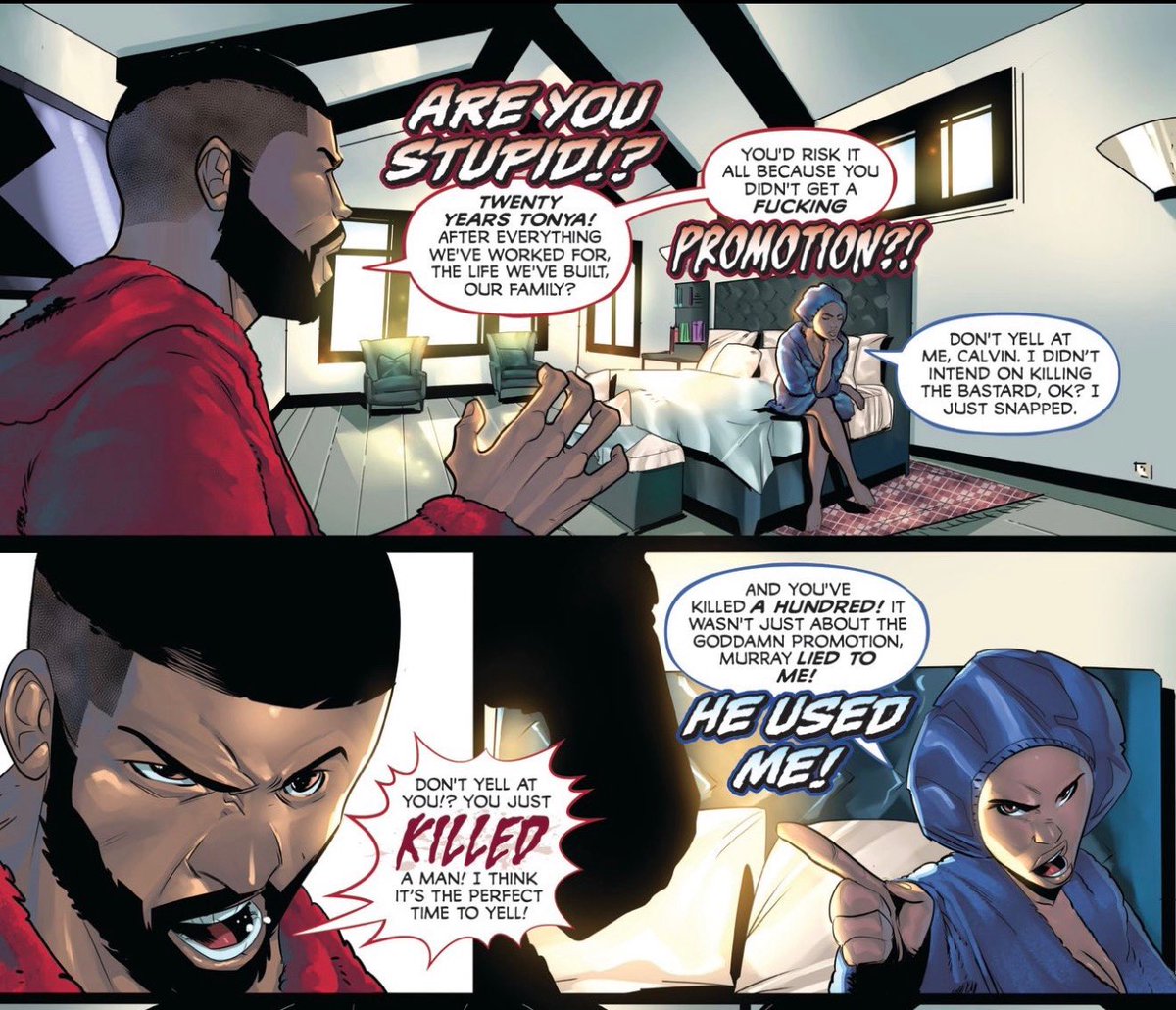 godhoodcomics's tweet photo. When you find out your wife just killed her boss and possibly jeopardized the normal life you’ve tried to maintain the last twenty years. 😪 Supervillain problems! From THE ANTAGONISTS issue #3 at https://t.co/x017i0ZUfQ https://t.co/YahXlbsBV5