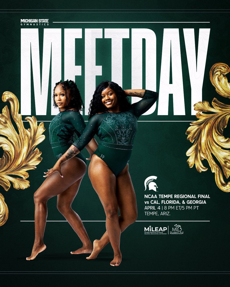 MSU_Gymnastics's tweet photo. MEET DAY.

🤸‍♀️ NCAA Tempe Regional Final (vs. Cal, Florida &amp; Georgia)
⏰ 8 p.m. ET/5 p.m. PT
📍 Tempe, Ariz.
📺 ESPN+
💻 https://t.co/T6fuevNY10
📊 https://t.co/cTZoqJcLFo https://t.co/VmbiWnzuYL