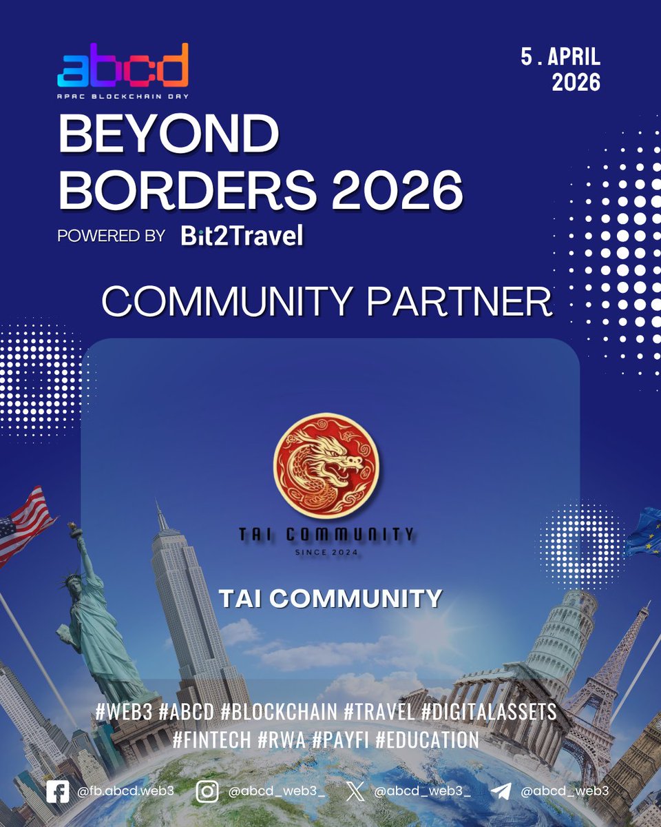 abcd_web3_'s tweet photo. 🤝🔥 Strength in Community! 🌍⚡️

We are excited to welcome our official Community Partner @Taicommunity for #abcd #BeyondBorders on April 5th!

The true power of #Web3 lies in its people. Our Corporate Partner TAI Community joins us at MOOLO to bridge gaps, spark connections, and unite the most passionate builders and degens in the APAC region. Together, we are building a borderless future, one connection at a time. 🌐✨

Join the movement and vibe with the strongest network in the industry! 🛫💥

📅 5 April 2026 | 3PM - Late
📍 MOOLO Kitchen & Bar
🎟 Secure your spot: https://t.co/6FXT7ND2ce

#Blockchain