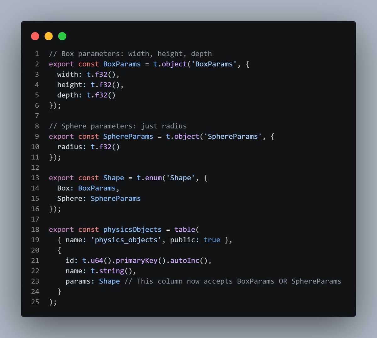 nighternet's tweet photo. #spacetimedb work in progress test. It nice to have IDE to display params which make easy to know how set the data. https://t.co/LkcAYgh3Aw