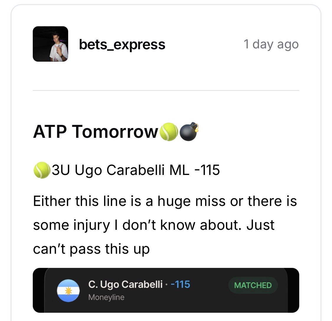 bets_express's tweet photo. Generational at this point🤷🏻‍♂️

Last 11 Days: +26.09U💰💰

Today: 4-1 (+4.56U)💰💰

🎾3U Ugo Carabelli ML -115✅
⚾️1U Pirates ML +110✅
⚾️1U Red Sox ML -117✅
⚾️1U Athletics ML +100✅
🏀1U Timberwolves +3.5 -119✖️

Been missing out like crazy if you’re not apart of VIP🚂

#GamblingX #ATP #MLB #NBA