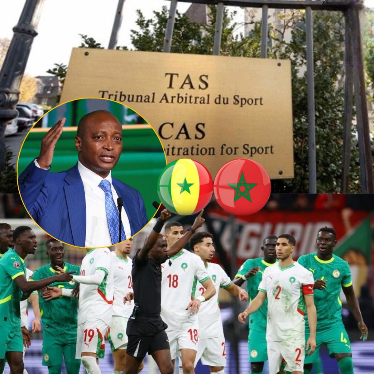 الطـاس :لماذا جئتم إلى المحـكمة؟ 

السنغـال 🇸🇳 : جئنا نطعن في قـرار الكاف بسحب اللقـب 🏆 من منتخبنا واعـطاءه للمـغرب.

الطاس: ولـماذا تطعنـون في قـرار الكاف؟

السنغـال: لاننا نؤكد عـلى ان الحـكم هو السيد والحـكم والحجة وكلمـته هي الـفصل ويجب احـترام قراره وحـكمه.

الطـاس: ولماذا