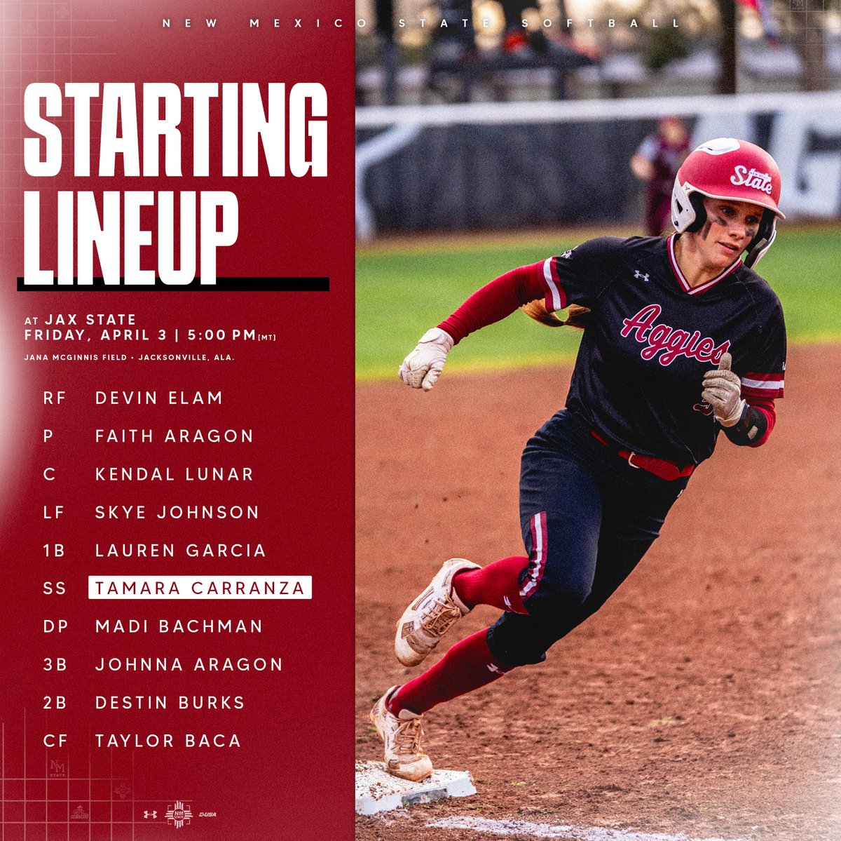NMStateSoftball's tweet photo. How we're starting for game ✌️ against Jax State! 

#AggieUp https://t.co/AHc5hyPnxc