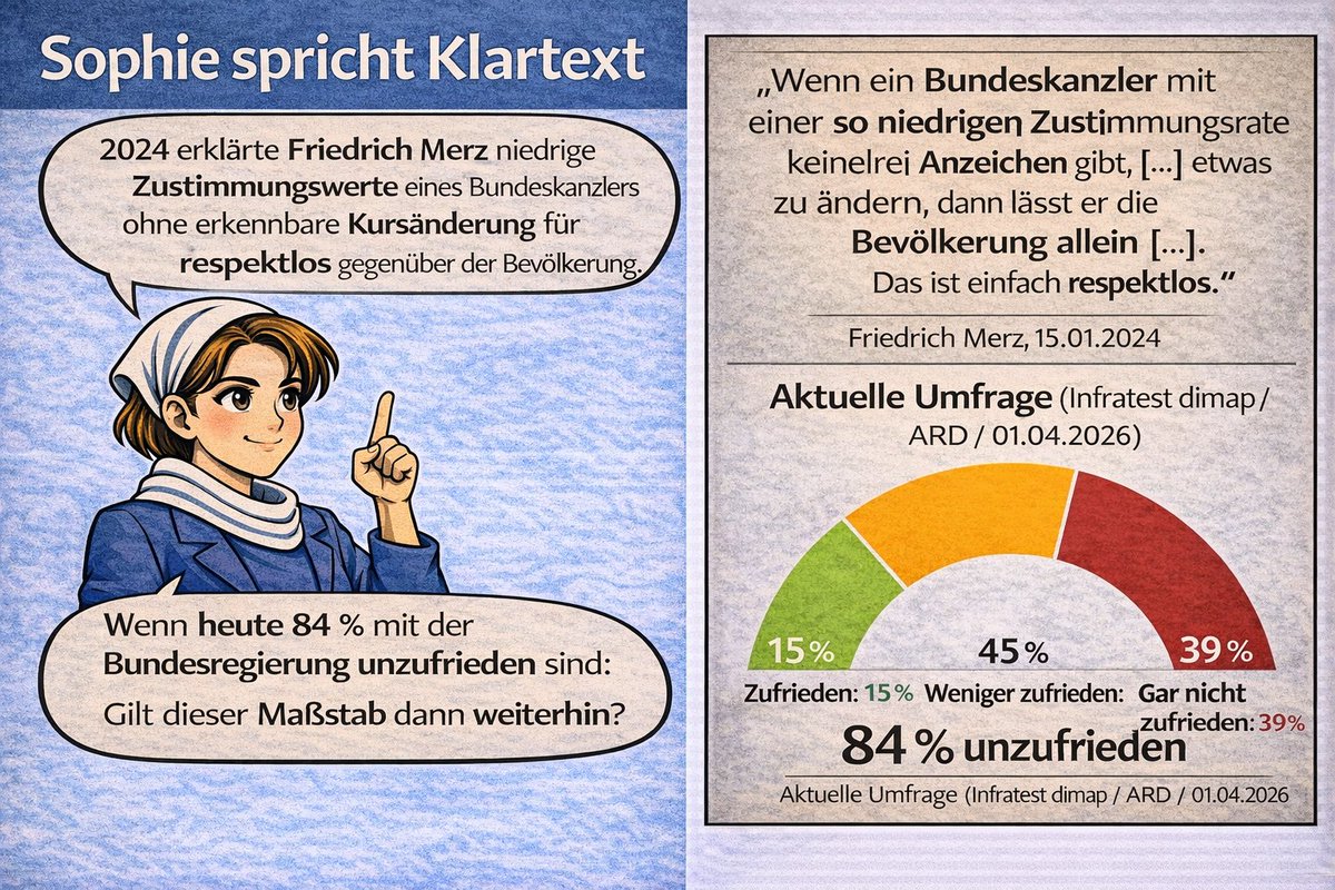 #Sophie hat eine Frage an <a href="/_FriedrichMerz/">Friedrich Merz</a>
Wenn heute 84 % mit der Bundesregierung unzufrieden sind:
Gilt dieser Maßstab dann weiterhin?
