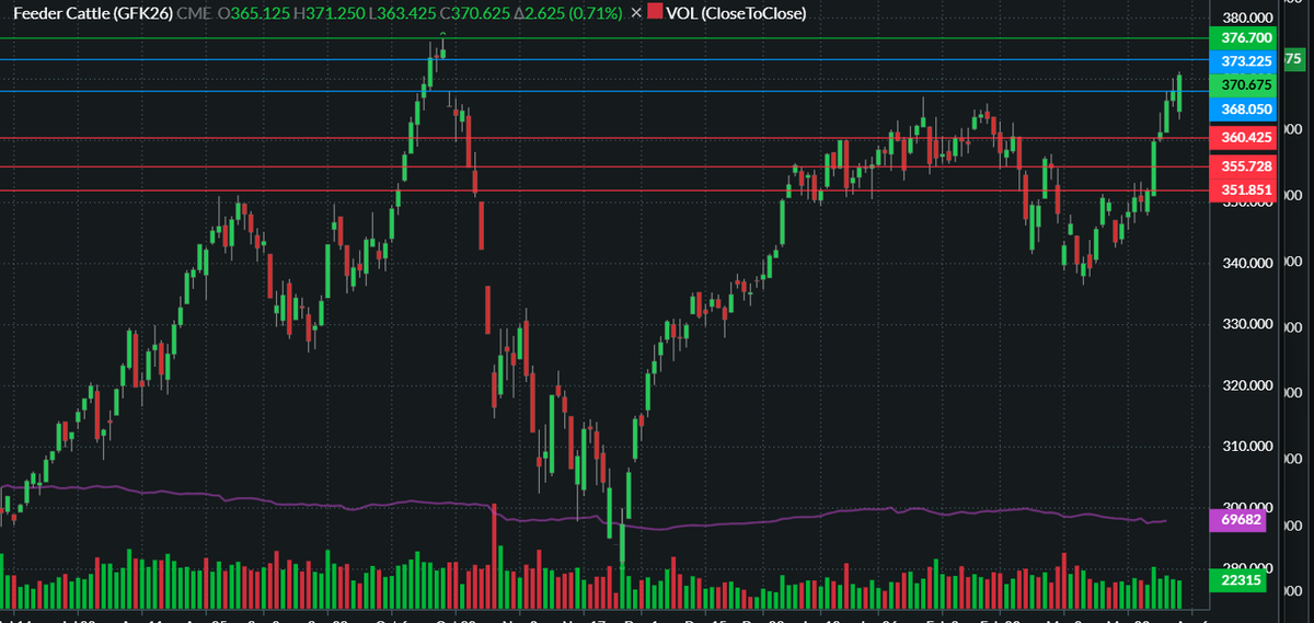 May feeder cattle ended the week on strong volume, increased open interest, and the contract's fourth highest close. Closing in the middle of the October gap, the next resistance is the gap's top at $373.22, then the all-time high of $376.70. @barchartag @barchart #cmdtyview