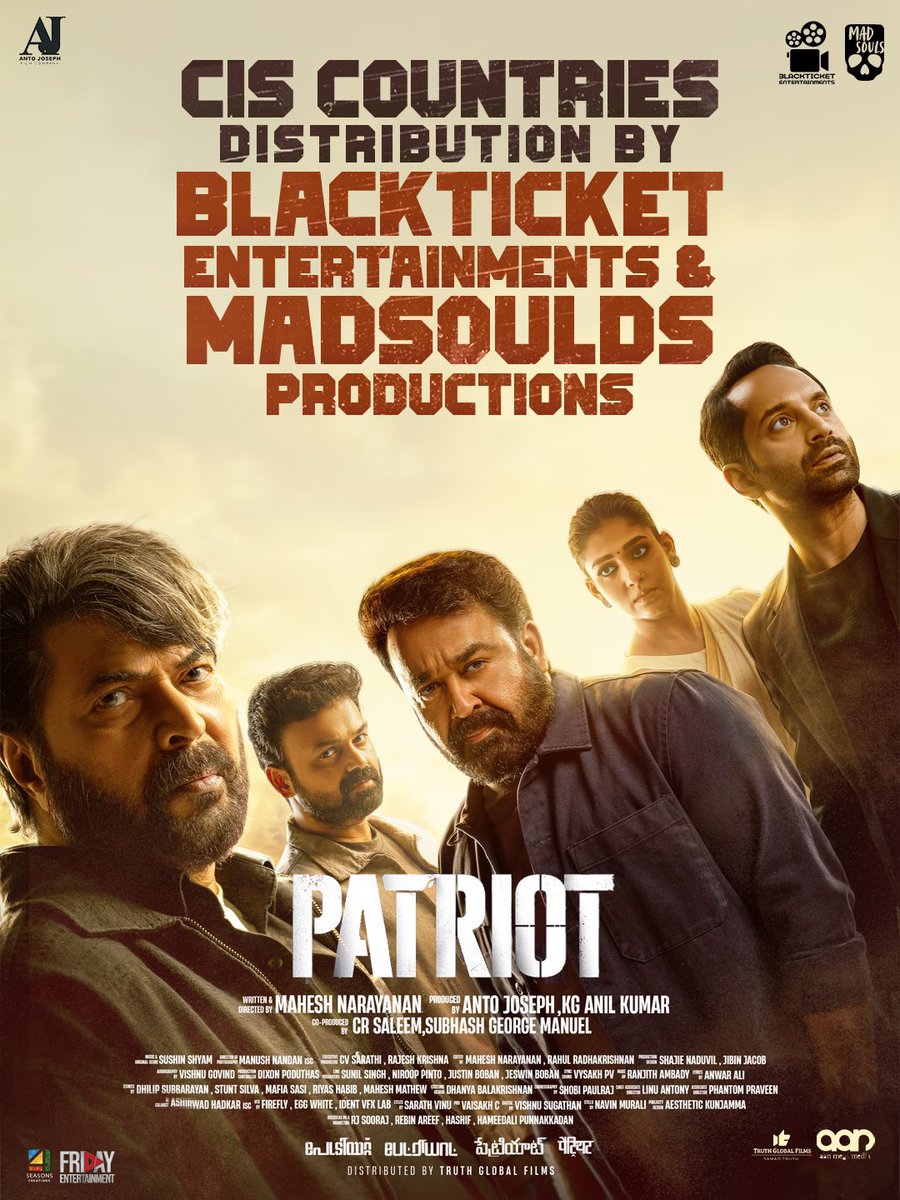 #Patriot CIS Release by <a href="/BlackTickts/">BlackTicketEntertainments</a> 
Europe Release by <a href="/FridayEntmt/">Friday Entertainment</a> through <a href="/4SeasonCreation/">4Seasons Creations AS</a> 

In cinemas Worldwide from May 1

Overseas Release by <a href="/Truthglobalofcl/">Truth Global Films</a> 
@Mammootty <a href="/Mohanlal/">Mohanlal</a> <a href="/AntoJoseph/">Anto T Joseph</a>