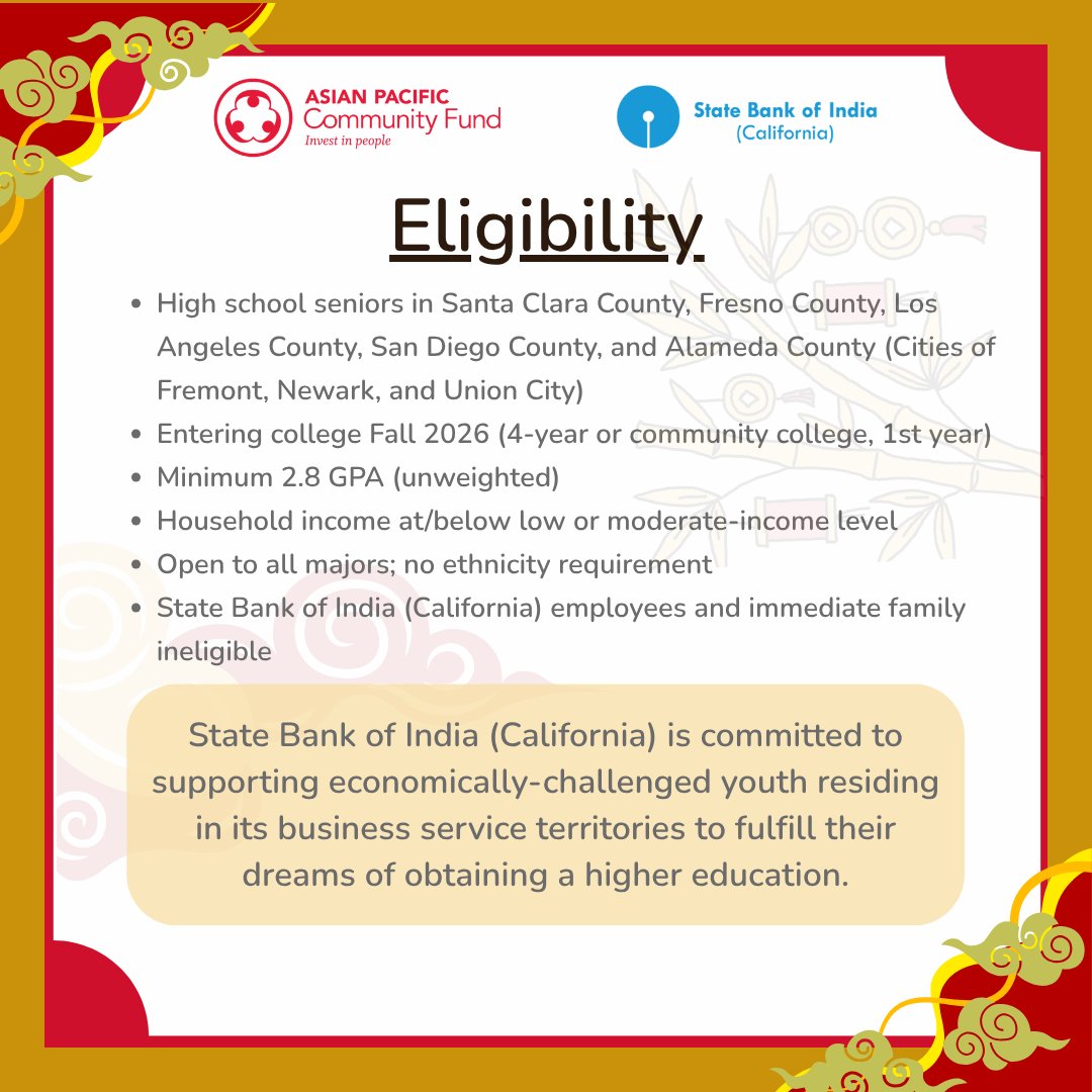 APCF's tweet photo. APCF is partnering with State Bank of India (California) to offer ten $1,000 scholarships for seniors attending college full-time in the Fall of 2026!
✔️ GPA 2.8+ ✔️ All majors welcome ✔️ Financial need required ✔️ All ethnicities welcome https://t.co/rIiQ4Mg3li