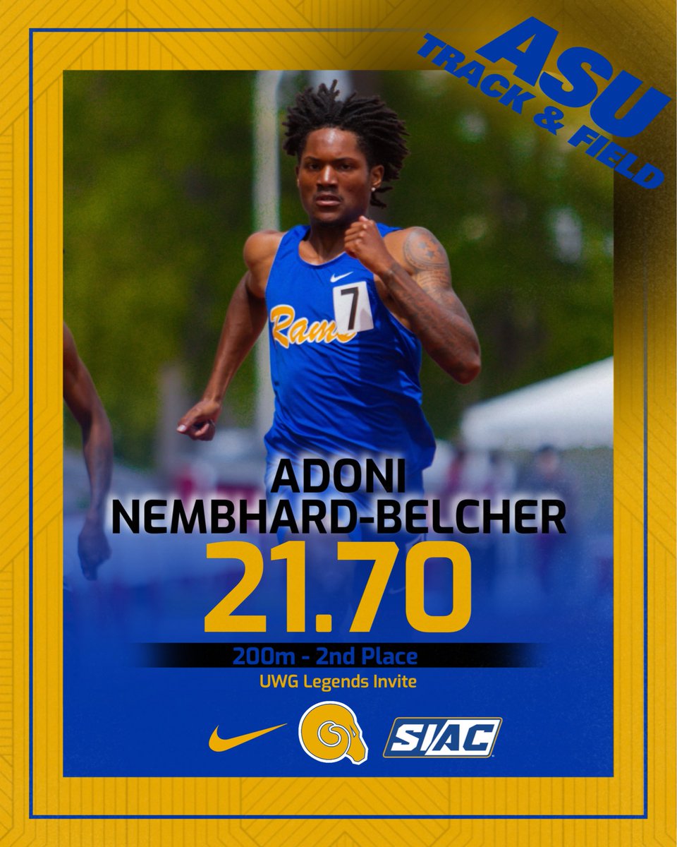 ASUTFXC's tweet photo. Adoni takes 🥈 in the Men’s 200m on Day 1 of the UWG Legends Invite 

#ASUTF | #THESTANDARD | #EARNIT 🐏💙💛 #HBCUtrackandfield https://t.co/BoBc3iUHrv