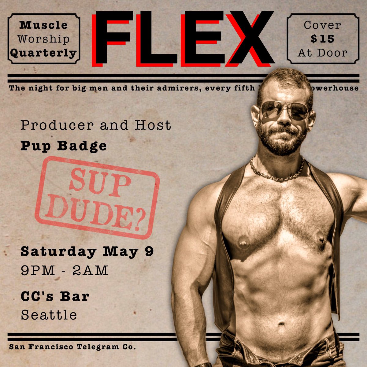 FlexPartySF's tweet photo. FLEX returns to CC’s in Seattle Friday May 9th. Get pumped for the return of your favorite muscle worship party and the sexy crew flexing for your entertainment. Beats by Nick Bertossi. Tickets at the door. #muscleworship #flexpartysf #gaymuscle #gaybodybuilder #bigmuscles https://t.co/oEGp7eJI5o