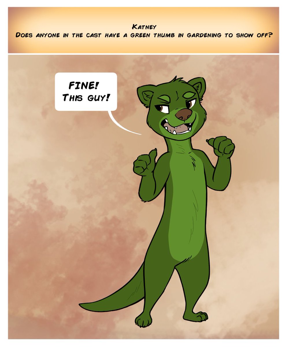 Catsncameras's tweet photo. This week's ask the cast by Katney — Does anyone in the cast have a green thumb in gardening to show off?

Sorry no matter what I did last weeks wouldn't be more than a blank square.. :(

#webcomic #otter #askthecast #catsncameras $furry https://t.co/IH0GKnhoCP