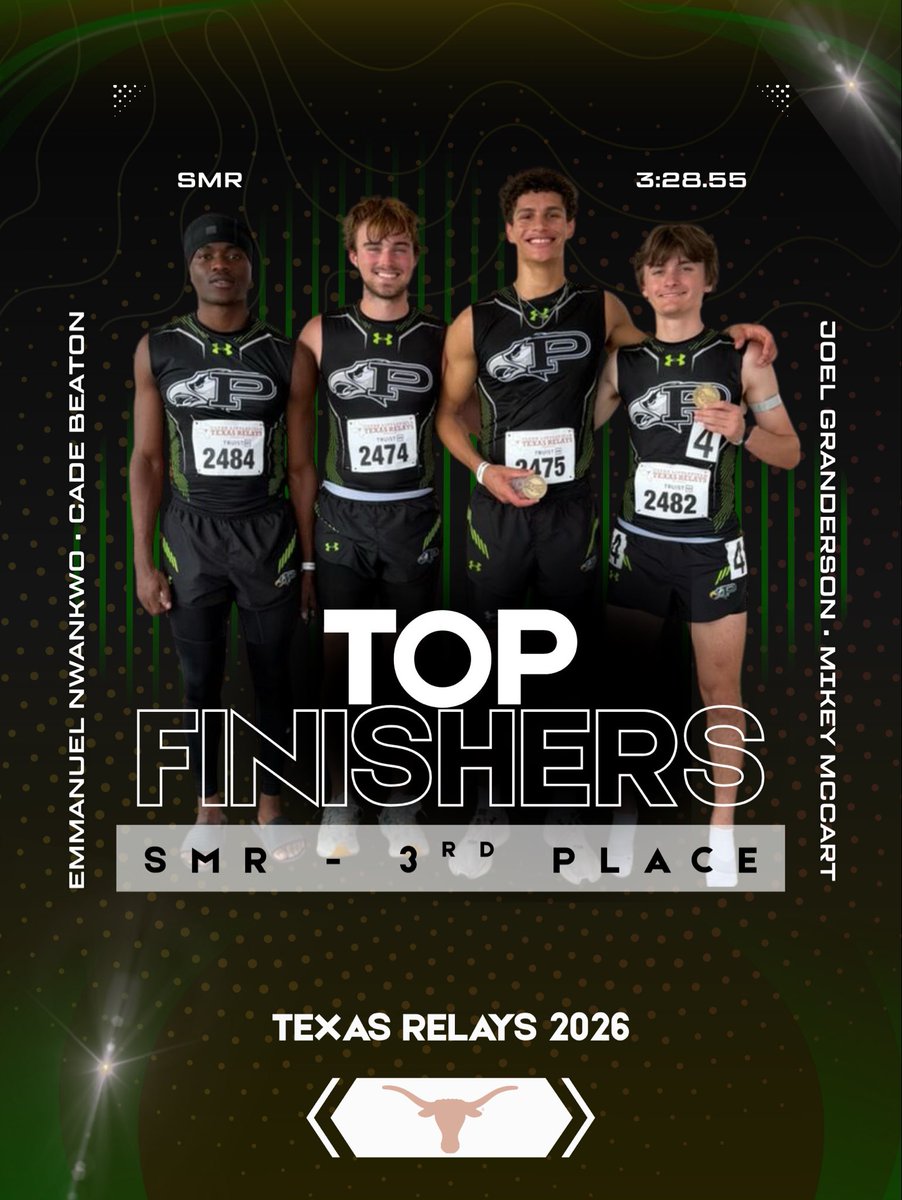 ProsperXCTrack's tweet photo. A podium finish for our SMR at Texas Relays! 🥉

Emmanuel, Cade, Joel, and Mikey take 3rd, while SMASHING the previous school record by 5 seconds with a time of 3:28.55! https://t.co/wtiDeSbu9B