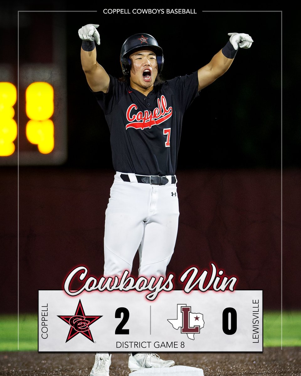 CHS_CowboysBB's tweet photo. Coppell Cowboys ⚾️shut out Lewisville 2-0 to complete the series 🧹!

Jackson Floren dominated on the mound!
7IP, 2H, 0R, 1BB, 11K

Suhoon Cho – 1-3, 2B, RBI
Aaron Malick – 1-3, RBI
Dillon Slaton, Troy Hill, Cade Slaton, Jackson Floren – 1 hit each.

Next: @ Braswell, Tues 4/7 https://t.co/AvehInrtLX