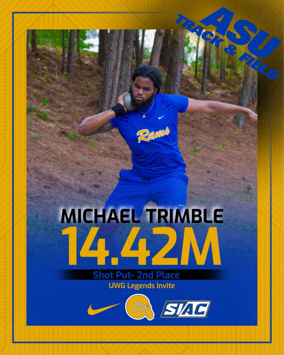 ASUTFXC's tweet photo. Mike takes 🥈 today in the Men’s Shot Put. Day 1 UWG Legends Invite 

#ASUTF | #THESTANDARD | #EARNIT 🐏💙💛 #HBCUtrackandfield https://t.co/xoal2pI3l4