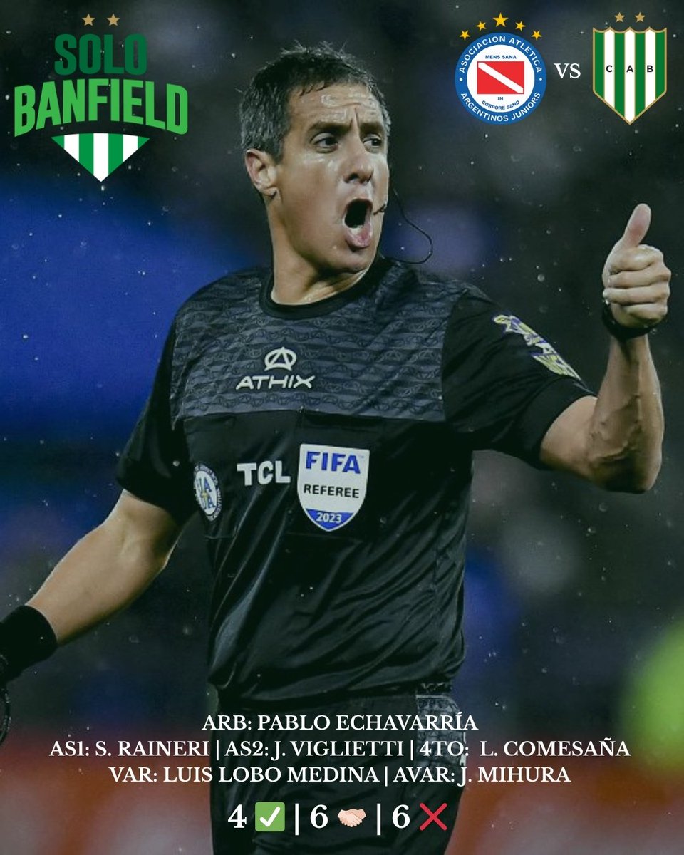 𝐄𝐂𝐇𝐀𝐕𝐀𝐑𝐑𝐈𝐀 𝐄𝐍 𝐂𝐀𝐍𝐂𝐇𝐀, 𝐋𝐎𝐁𝐎 𝐌𝐄𝐃𝐈𝐍𝐀 𝐄𝐍 𝐄𝐋 𝐕𝐀𝐑

Se dieron a conocer las ternas arbitrales para la F13 del Torneo Apertura 2026 y el designado para el compromiso de Banfield ante Argentinos Juniors en el Diego Armando Maradona es Pablo Echavarría.