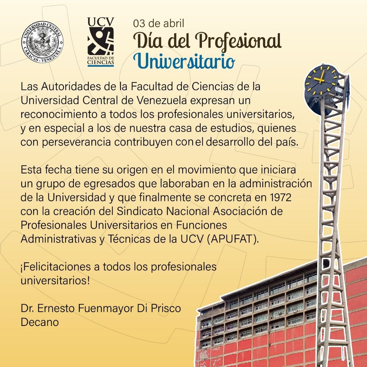 Desde la Facultad de Ciencias de la UCV, extendemos un especial reconocimiento a todos los profesionales universitarios en su día, en especial a los de nuestra casa de estudios. 
¡Felicidades!

#DíaDelProfesionalUniversitario #UCV #FacultadDeCiencias #noticienciasucv