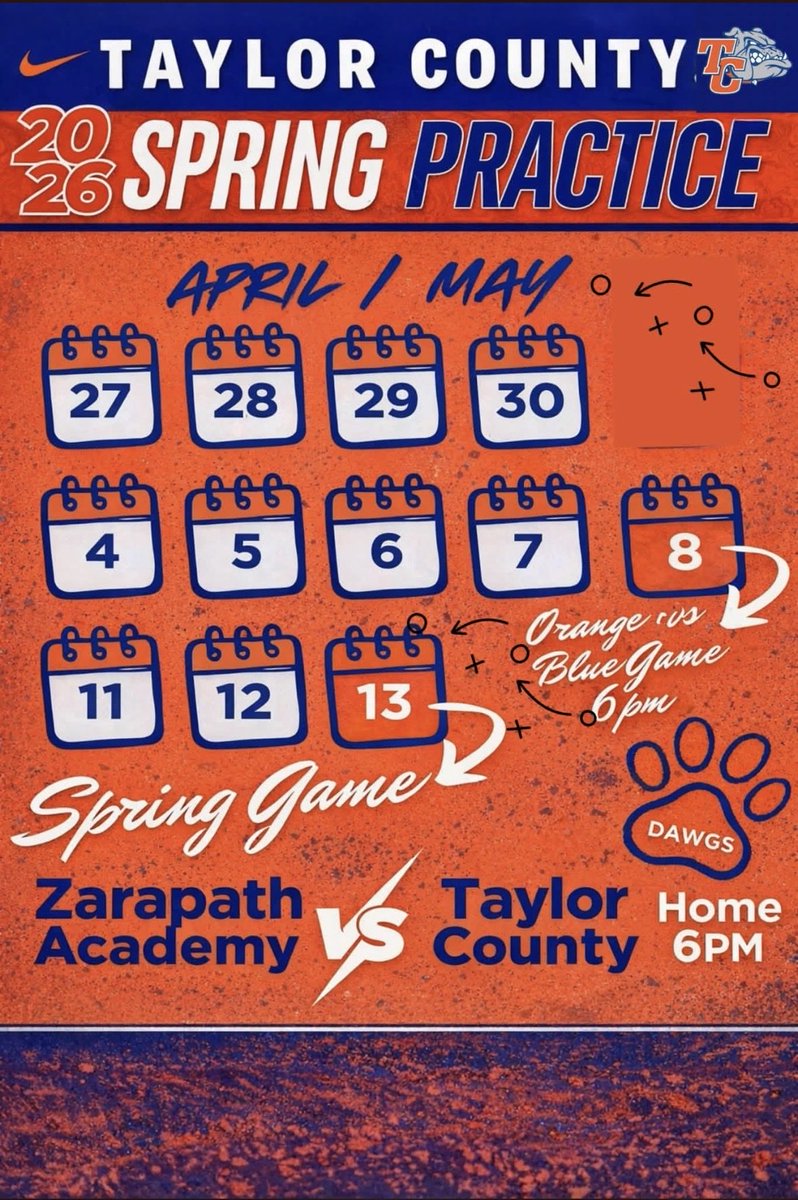 TaycoBulldogs's tweet photo. Spring Practice Schedule is LIVE 🟠🔵

College coaches — make sure to swing by Tayco and check out the Dawgs this spring. We’ve got the guys 👀🐶

#GoDawgs #Tayco #RecruitTayco https://t.co/8GinsT2vDp