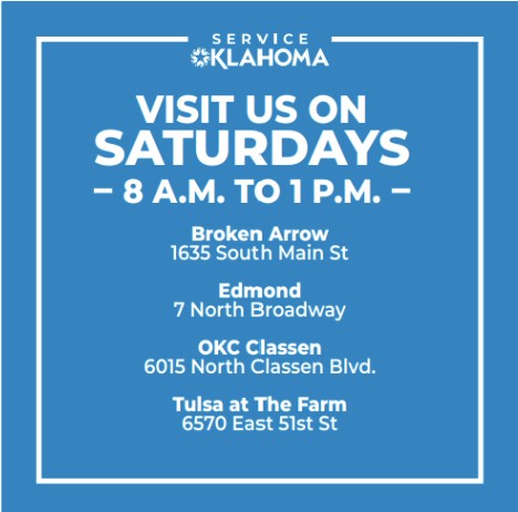 ServiceOkla's tweet photo. Service Oklahoma now has four locations open on Saturdays from 8 a.m. to 1 p.m. 
•Broken Arrow Licensing and Exam 
•Edmond Licensing and Exam 
•OKC Classen 
•Tulsa at The Farm
Stop by this weekend and let us help you get what you need. 
#ServiceOklahoma https://t.co/FSWxNlUSu4