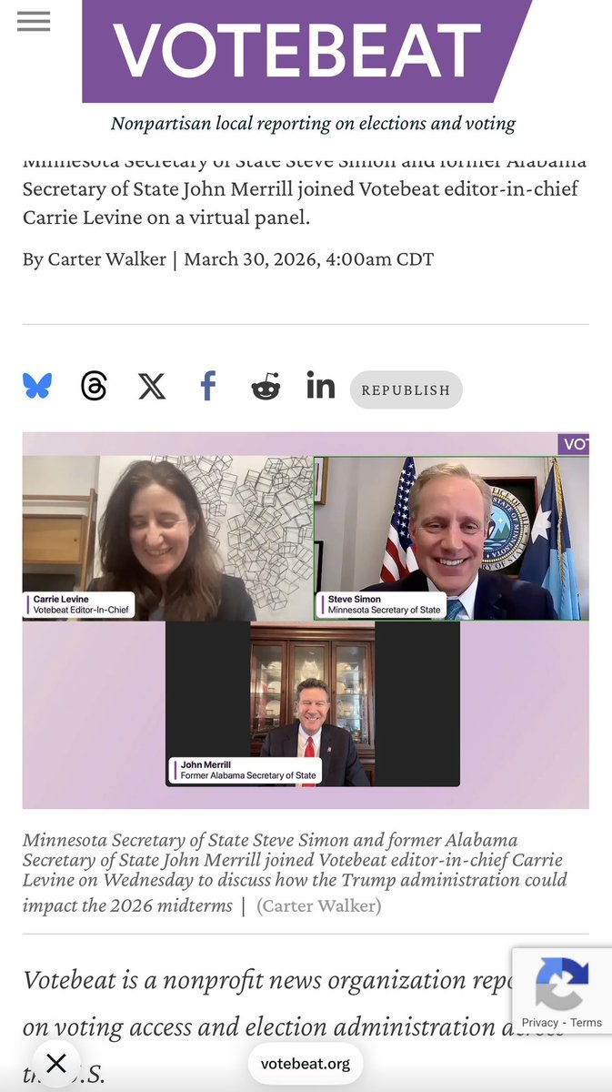 JohnHMerrill's tweet photo. Last week, I was honored to join Carrie Levine from #Votebeat and #Minnesota Secretary Of State #SteveSimon on a panel to discuss the administration of elections across the nation as we anticipate the midterm primaries and General Election in November! #EasyToVoteAndHardToCheat https://t.co/KSHpKIbzBO