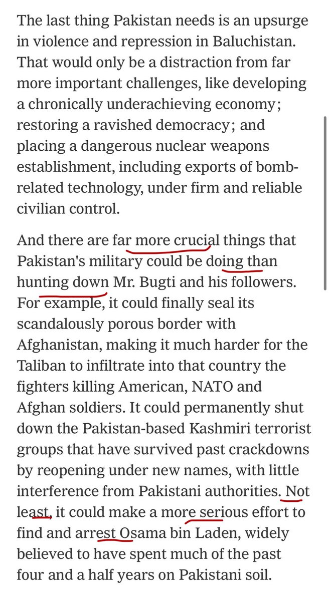 LateefJohar's tweet image. An example:

A Sept 2006 @nytimes Editorial—The Wrong Battle in Pakistan

“There are dangerous international terrorists hiding out in the mountain caves of Pakistan.—But 79-year-old Nawab Akbar Khan Bugti, the Baluch tribal leader, politician and rebel, was not one of them….