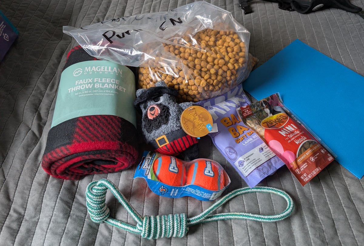 Brought Jack home today from the shelter. The staff are awesome - they sent home a care package with a blanket, food, treats, toys, all his records etc❤️