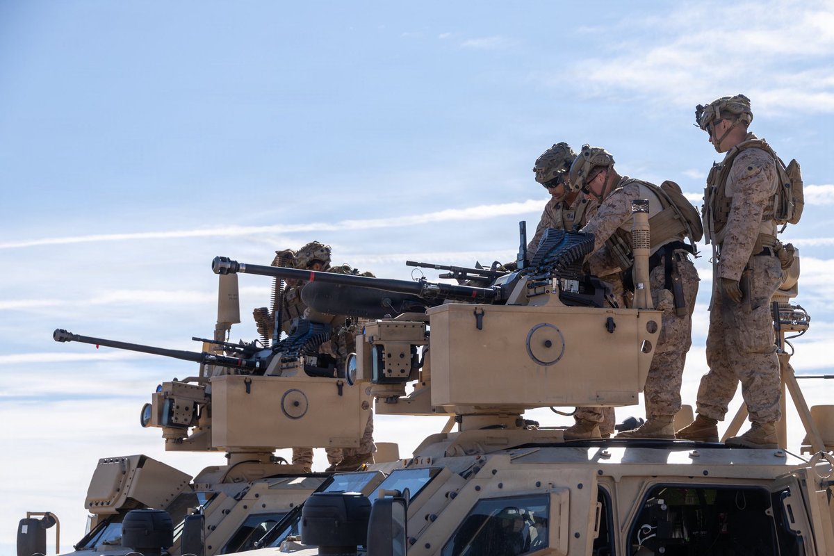 3d_Marine_Div's tweet photo. Marines with 3rd Littoral Anti-Air Battalion fire an XM914 30mm chain gun on a Marine Air Defense Integrated System during a field training exercise at National Training Center, Fort Irwin, California, increasing lethality with the MADIS weapons systems in dynamic environments. https://t.co/T1cjZGHV42