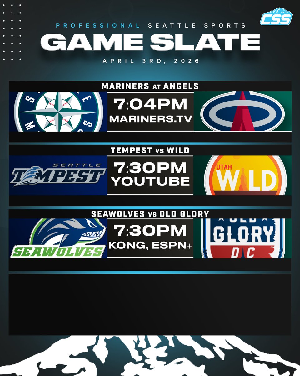CirclingSports's tweet image. Three of Seattle's professional sports teams are in action on Friday, April 3rd, 2026⬇️

@Mariners begin a six-game road trip!
@Seattle_Tempest host the @UTWildUltimate!
@SeawolvesRugby begin their 2026 regular season at home against @OldGloryDC!

#SeattleSports #Seattle