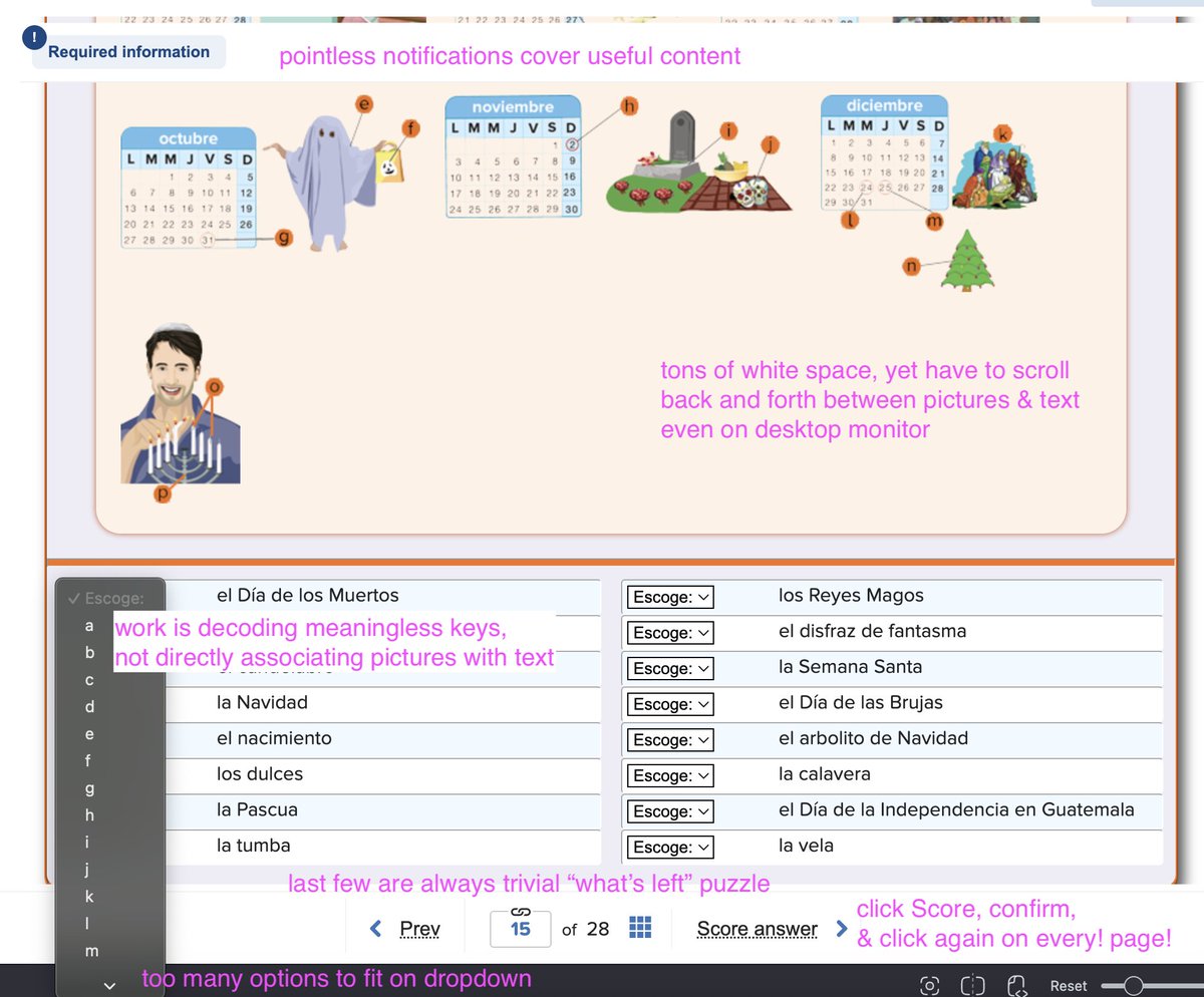 kielni's tweet image. Forced to buy $130+ "Tu mundo" by @MHEducation . Expected: quality instructional design &amp;amp; useful exercises. Got: hours of frustrating &amp;amp; tedious decoder puzzles; spent more time fighting bad  UI than learning Spanish. I learned way more working w/ #Claude.  #TextbookFail #UXFail