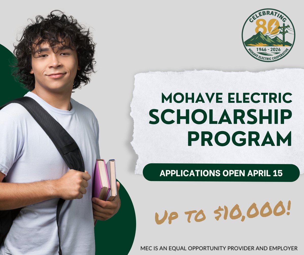 #DYK it’s time to start preparing for the MEC scholarship? MEC scholarship applications open April 15th! Share your recommendations on how an MEC program could be expanded. Learn more at mohaveelectric.com/community/mec-….