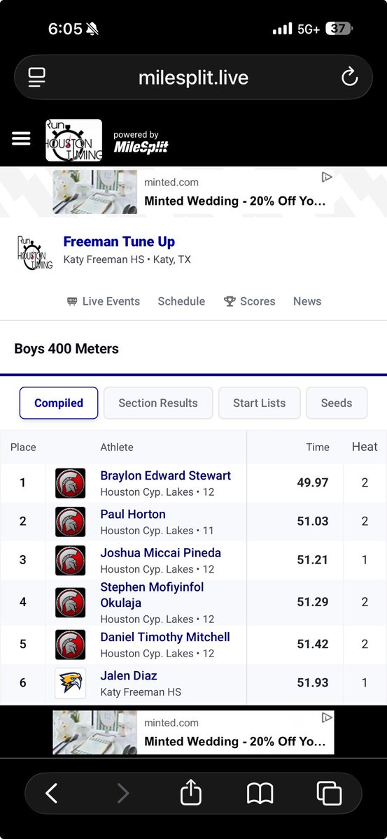 BraylonStew's tweet photo. New 400m pr 49.9 before districts https://t.co/FzpN5EyS33