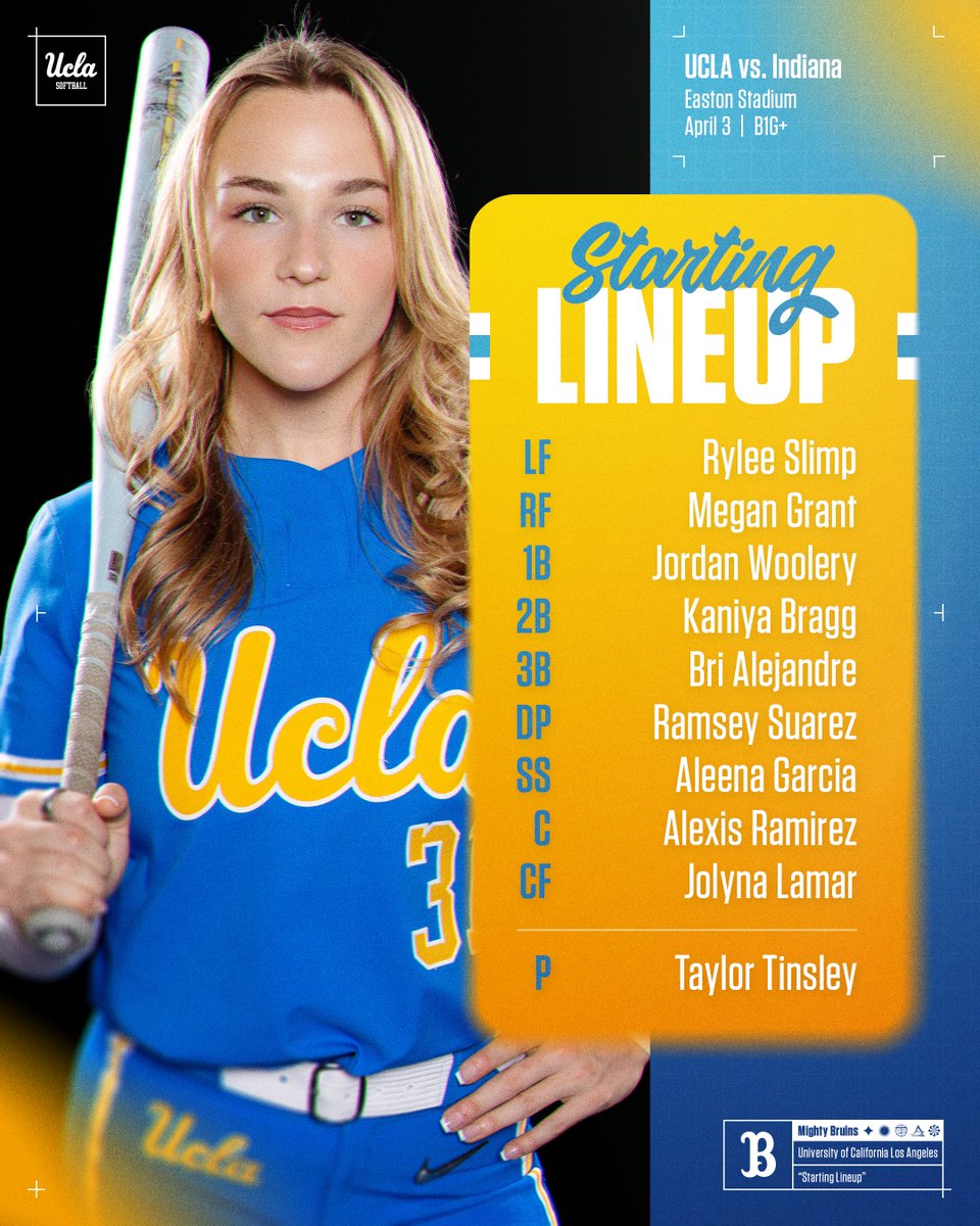 UCLASoftball's tweet photo. Tonight's starters! 📋
🔹 Tinsley makes her 15th start of the year
🔹 Suarez re-enters the lineup for her 20th start

📺: B1G+
📲: https://t.co/xQPMxWxxFe
📊: https://t.co/xcCfI69hKM

#GoBruins https://t.co/6tlsJE9q9n