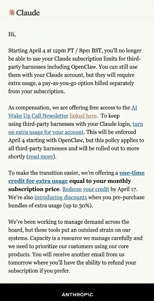 jwreece's tweet photo. Anthropic just killed third-party access to Claude subscriptions. Here's why that's actually great news for you.

Everyone's panicking.

Calm down. This is one of the best things that could've happened to the AI developer ecosystem. Here's why:

1. You're finally free to use the best model for each job — not just Claude for everything.

Being locked into a Claude subscription created a psychological bias: "I'm paying for it, so I should use it for everything." That's how you end up using Opus for tasks that Gemini Flash handles for free.

Now you have permission to actually build a smart stack:

🧠 Deep reasoning / architecture → OpenAI PR0 for unlimited GPT 5.4 or o3 
⚡ Fast coding iterations → OpenAI Codex
💰 Bulk processing → DeepSeek V3 (pennies per million tokens)
🏠 Privacy-sensitive work → Qwen 3.5 or Llama 4 running locally via Ollama. Free. Forever. No one reads your code.

The best developers in 2026 aren't loyal to one model. They're model-agnostic and ruthlessly efficient about which brain they rent for which task. 

*Learning to run local models now will be invaluable long term

2. The real alpha isn't in the model — it's in knowing where AI is going.

While everyone argues about which subscription tier to pick, the people actually getting ahead are the ones tracking the bigger picture: which models are emerging, which industries are about to get disrupted, and where the real opportunities are.

That's exactly what The AI Wake-Up Call newsletter covers — and Anthropic is giving every subscriber free access to it as part of this transition. Honestly? That's worth more than a Max plan. A subscription gives you tokens. Understanding where AI is headed gives you leverage over every decision you make for the next decade — career, investments, business, all of it.

📩 Claim your free access: https://t.co/NSKUUF43sK

───

TL;DR: Anthropic didn't take something from you. They removed the golden handcuffs that were keeping you from building smarter. The developers who adapt to multi-model workflows will outperform the ones still crying about their subscription. This is evolution. Evolve.