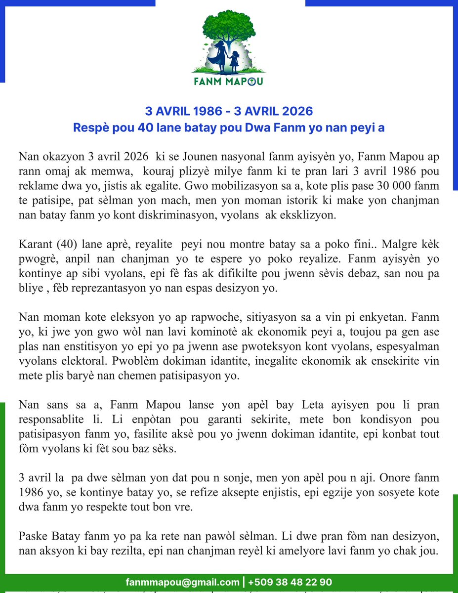 3 Avril se pa sèlman yon dat, se yon angajman pou kontinye batay pou diyite, respè ak dwa fanm yo nan peyi a.

#Pâques #Espoir #Solidarité #MAPOU #fanmmapou