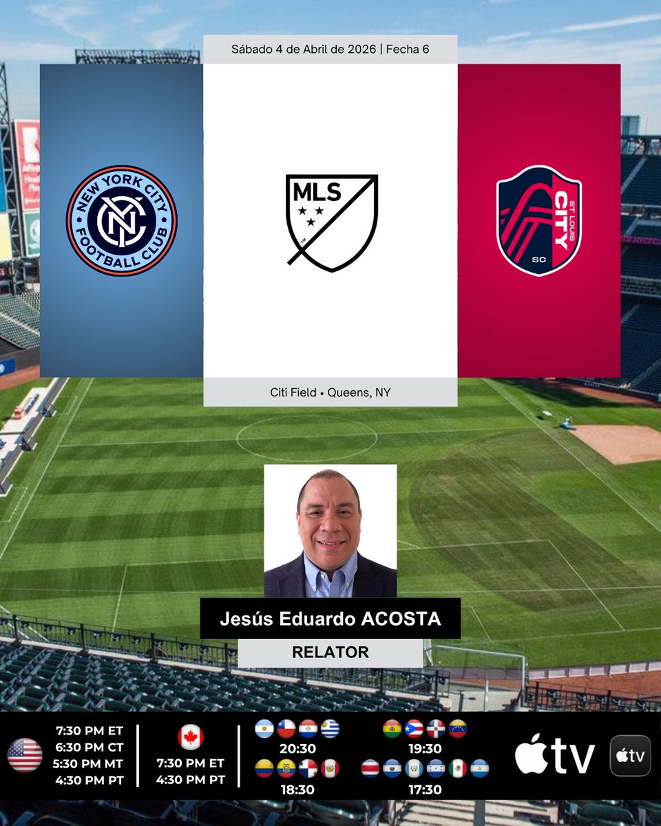 ProgramacionUS's tweet photo. ⚽️ #MLS 🇺🇸 | #NewYorkCityFC vs. #StLouisCitySC

🎙Relator: @jesuseacosta
💻📱@AppleTV 🌎

#️⃣ #AppleTV - #NYCvSTL https://t.co/Nr0P2qE27t