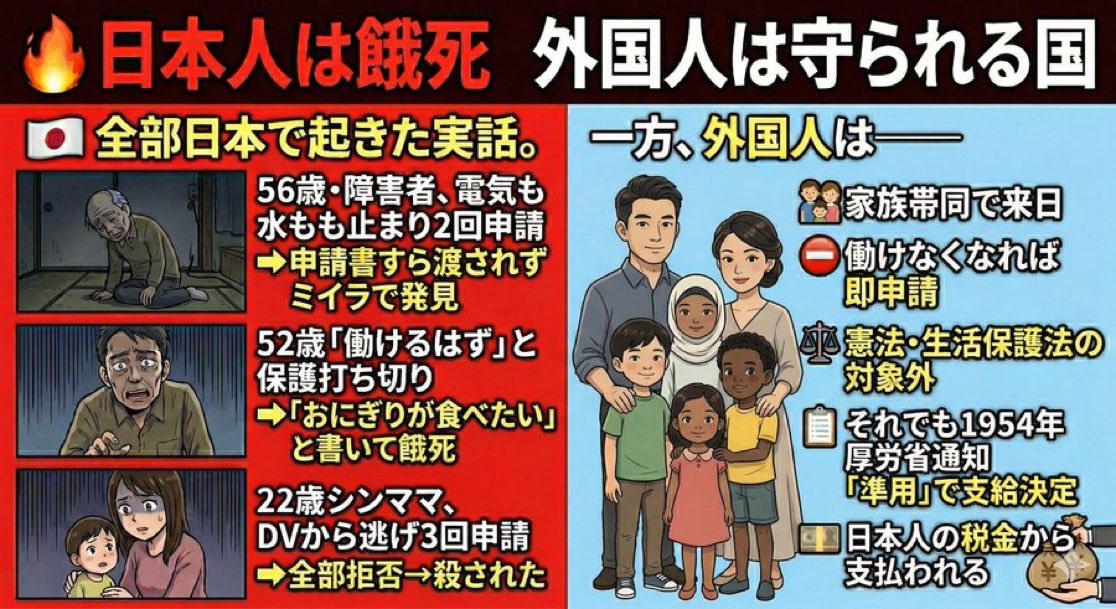 【日本人は餓死🇯🇵外国人は守られる国？】

支援が届かず命を落とす日本人がいる一方
外国人には支給される仕組みがある

例えると
自分の子には与えず
他人の子には与えている状態

しかもその原資は
※本来、自分の子に使うはずのもの

この歪みをおかしいと思えないなら
政治に関わるべきではない！