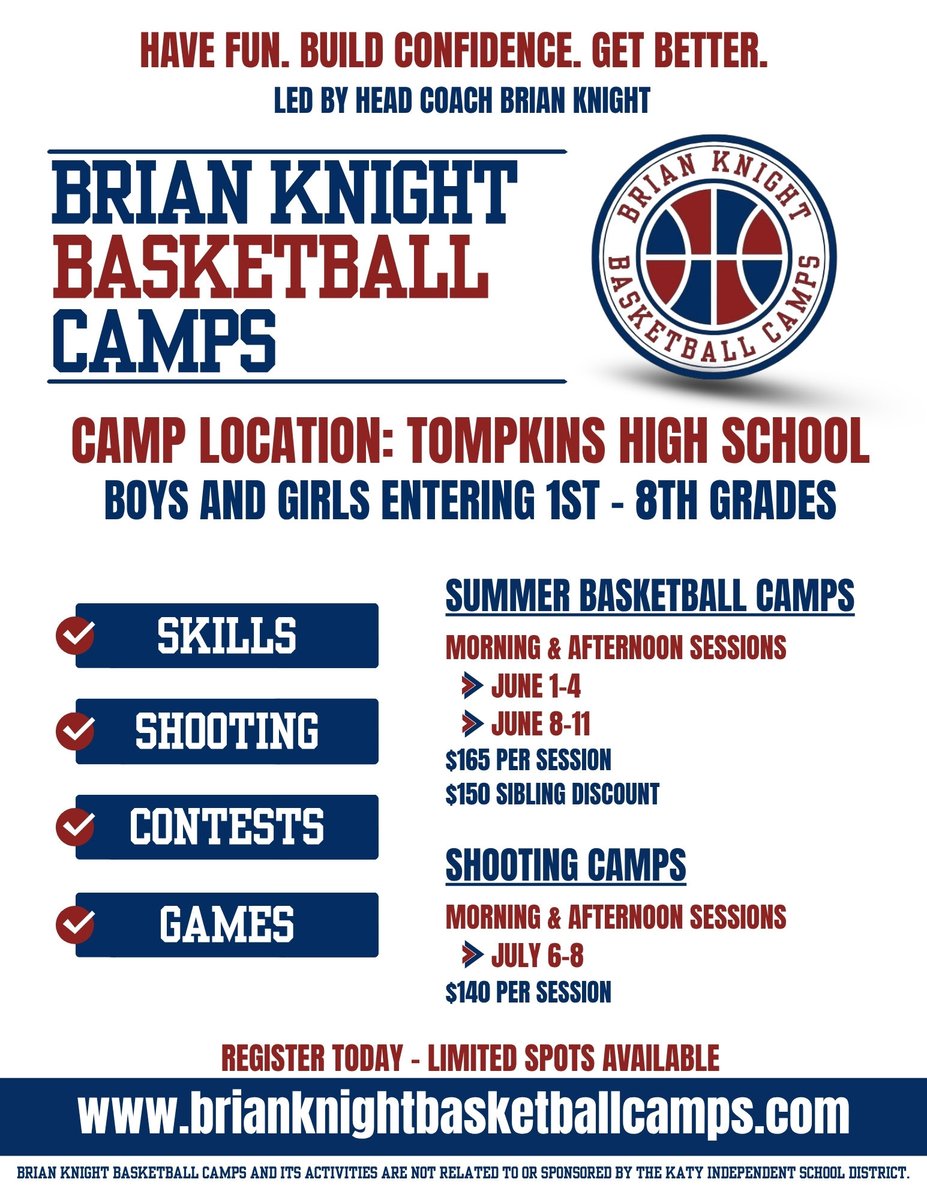 brianknight55's tweet photo. 🏀 FUN. SKILLS. SHOOTING. COMPETITION. GAMES. 
Have FUN this summer at Brian Knight Basketball Camps!
📍 Tompkins HS
📅 June sessions available
https://t.co/u96WD5UsQT https://t.co/PqvoT5sBBd