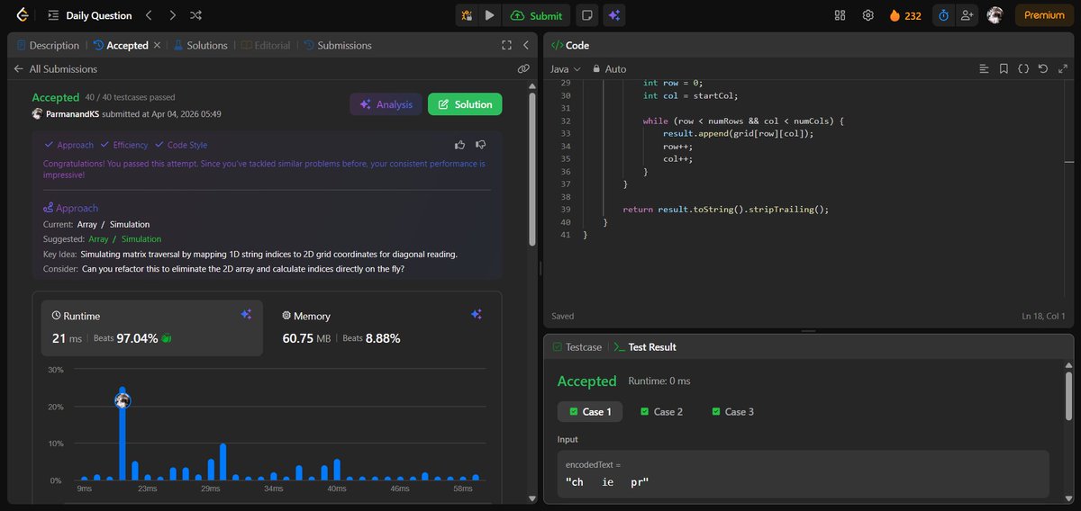 ParmanandKS's tweet image. 📚 Day 259 of learning DSA with @kunalstwt
Today's topic: @LeetCode 1 DSA DCC Problem
📌 Key takeaway: Decode the Slanted Ciphertext
🧠 Feeling: Challenged

Here’s what today looked like 👇
#DSAwithKunal #LearnInPublic #100DaysOfCode