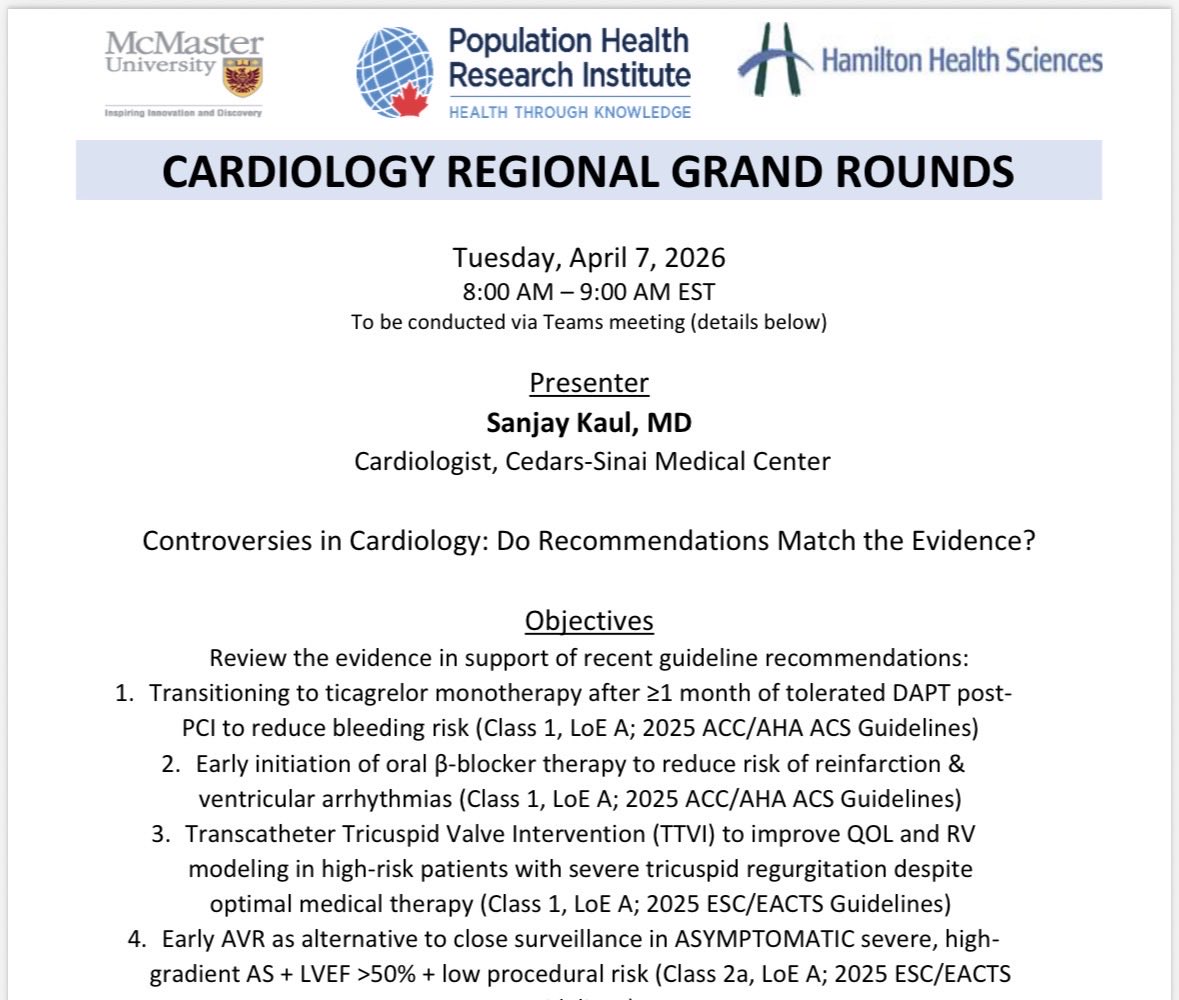hvanspall's tweet image. Absolutely delighted to welcome Dr @kaulcsmc to #McMaster #Cardiology Regional Grand Rounds 

Tues April 7
8 am EST 

Can’t think of a better person to appraise the evidence informing certain practices in Cardiology

Look forward to a rich discussion

Via Teams