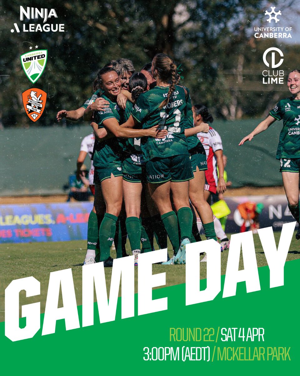 CanberraUnited's tweet photo. One more before finals. Be there

⚽️ Brisbane Roar
📅 Saturday 4 April
⏰ 3:00pm (AEDT)
🏟️ McKellar Park 
🎟️ https://t.co/zXhgyg6xlV

#UniteWithUs #CUInGreen #CBRvBRI https://t.co/tHZOZdXqC4