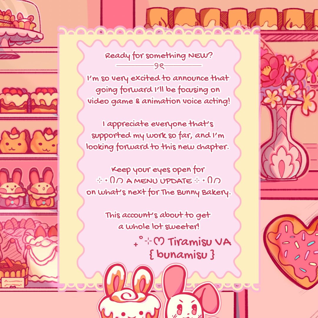 bunamisu's tweet image. 🍮🎀 ANNOUCEMENT 🎀🍮

I'm so very excited to announce that going forward I'll be focusing on video game &amp;amp; animation voice acting!
Stay tuned for A MENU UPDATE on what's next 🌸

.... did someone say demo reel? 👀

bunny hugs,
Tiramisu VA {bunamisu}
Brand Artist: @Luma0x0 
#VA