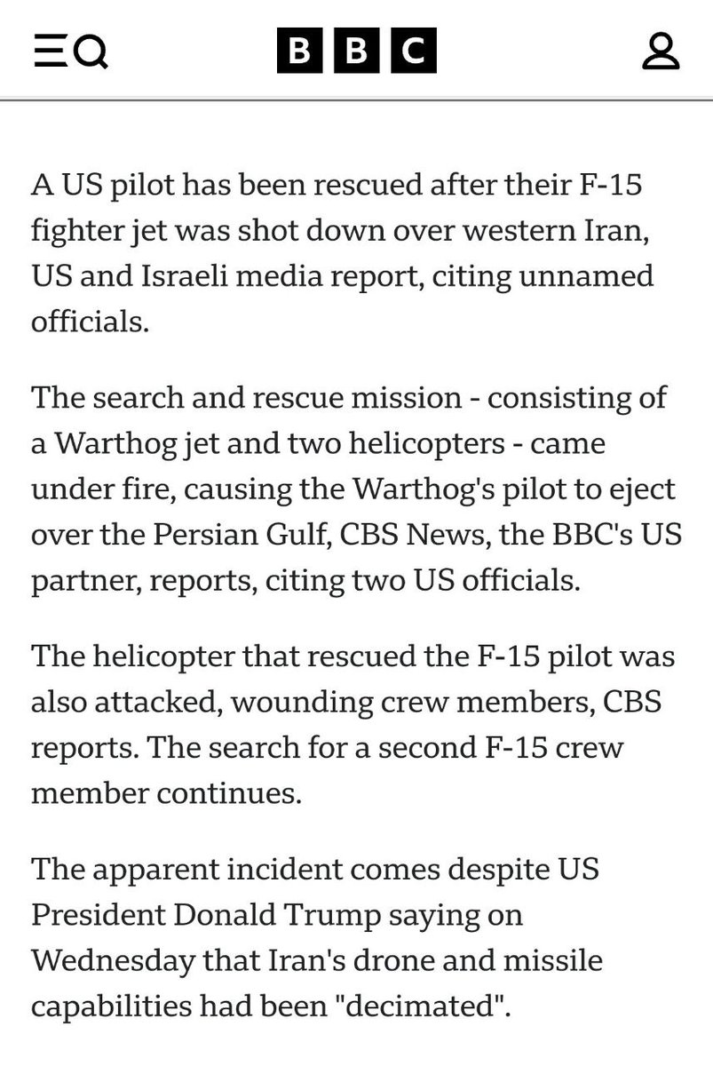 BrianJBerletic's tweet photo. 🇺🇸/IRAN - Weeks After US Claimed "All Iranian Air Defenses Destroyed," Iran Downs, Damages Multiple US Aircraft in One Day 

▪️At least 1 F-15 was shot down and only one of its 2 crew members rescued;

▪️During the rescue attempt, an A-10 warplane was downed, the pilot ejected/rescued;

▪️A Blackhawk helicopter was also fired on, damaging the aircraft and injuring the crew;

▪️While this in and of itself will not "win" the war for Iran and is tactical rather than strategic, it does call into question US claims of "air superiority" which the US clearly does not have.

Even US claims of localized air superiority appear to be subject to Iranian air defense ambushes - and this may have strategic implications;

▪️The real question is how widespread is this and what impact will it have on US air operations overall, one of the major US advantages amid the war;

▪️If the US scales back air operations directly over Iran or continues losing warplanes and helicopters, this signifies significant Iranian air defenses remain & a major problem for US aggression.

US planes depending heavily on stand-off strikes will rapidly deplete long-range precision-guided munitions significantly reducing the pace/intensity of strikes on Iran. 

Keep an eye out over the next several days for indicators regarding this like additional air defense incidents, damaged or downed US aircraft, and the return to depending primarily on stand-off strikes;
