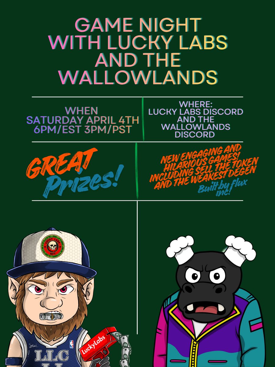 Lucky_Leps's tweet photo. We added some new games to our discord and can't wait to try them out with our friends @ForeverAngryHQ and Co in the Wallowlands tomorrow!
We will give away numerous prizes but you must hold either collection to be eligible to play!
Jump into our discords and get ready for fun! https://t.co/lu2hyFsp1t