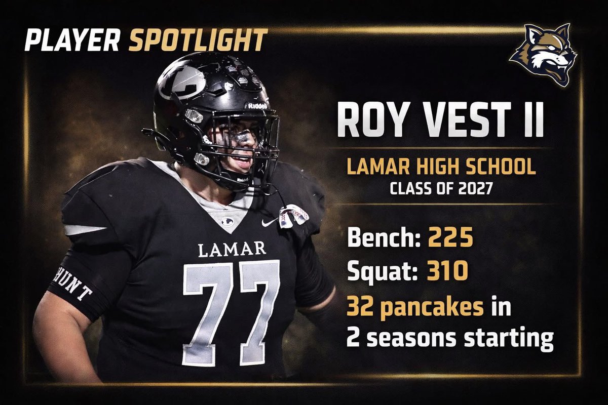 peedeesportss's tweet photo. Roy Vest II (Lamar 2027)
Roy Vest II | OL | Class of 2027
Lamar High School

• 225 bench
• 310 squat
• 32 pancakes (2 seasons)

Brings physicality and finishes blocks. OL coaches take a look.

#ClassOf2027 #OL #RecruitSC 
@royvest0217 https://t.co/SorzDJsXbx