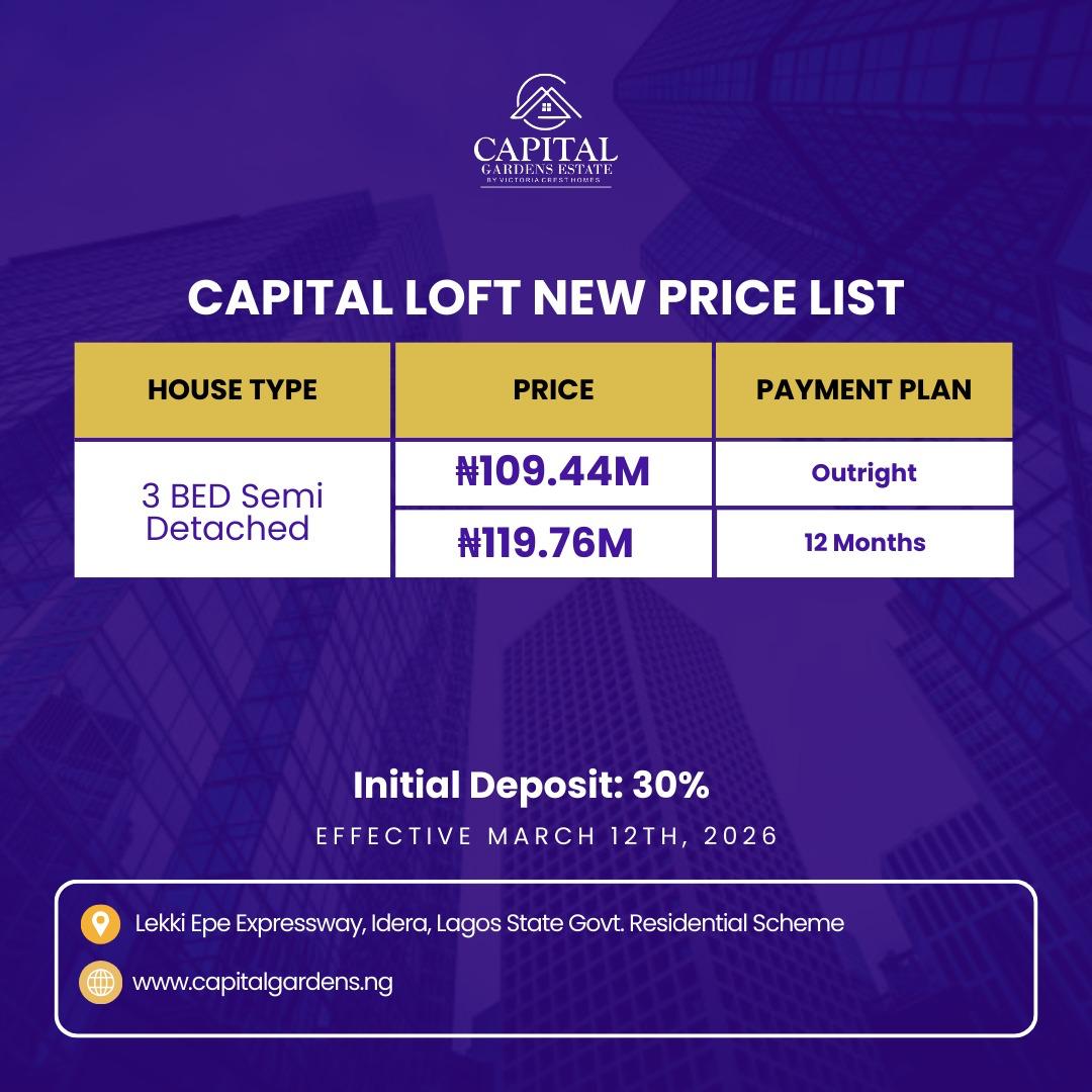 HomewayLimited's tweet photo. NEWEST HOMES AT IBEJU LEKKI 📍 

estate name: capital loft
House types : 3 bedroom semi-detached duplexes. 

Price: 119.76m
Title: c of o

See flyers &amp; call us
+2348106432221

#capitalloftestate #nolimit #easter #easter2026 #x #buyingcontent #ibejulekki #realestate #GoodMorningX https://t.co/8ac9nLr7G0