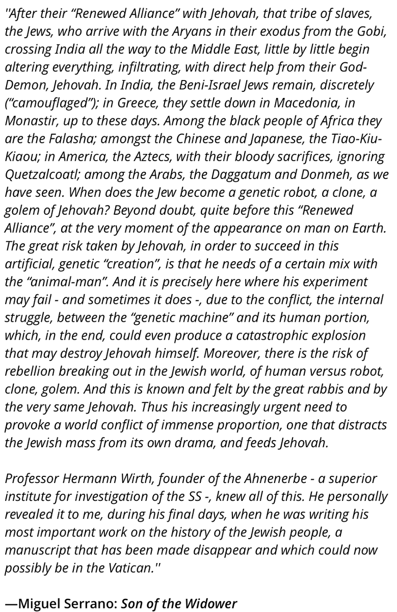 MatrixLegacy's tweet photo. Miguel Serrano was given access to books smuggled out of Germany via U-boats. Through his esoteric writings he weaves together the pieces of microbes &amp; "genetic machine" 🍄 fused into man by an entity called "Jehovah" to wage war on Natural Life &amp; uncorrupted Man "Aryans". https://t.co/VkJVFlvQpe