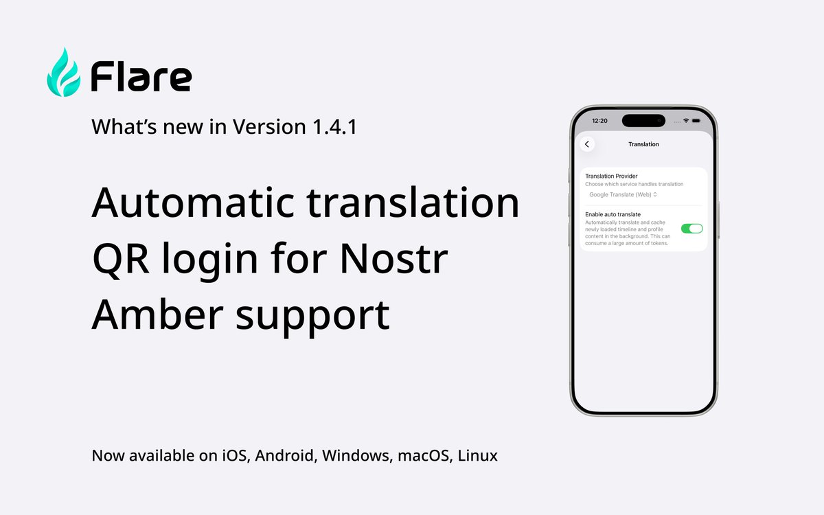 flareapp_moe's tweet photo. A new Flare update has arrived.

Reading across languages now feels much more natural, with automatic translation and more ways to choose how translations work for you.

And for Nostr users, signing in now feels smoother with QR login, and Amber support on Android. https://t.co/7yz4z6ZyGC