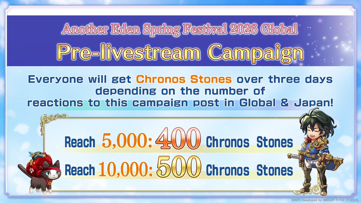 [#AnotherEden9thAnniversary Livestream starts 10:30am (UTC)]
Pre-livestream campaign!
Get CS by reaching reaction goals (Reposts, Likes, Replies) to this post (GL &amp; JP)!
*Another post to be posted later today will also count towards the goal!

Livestream:
youtube.com/live/leBDsaQN3…