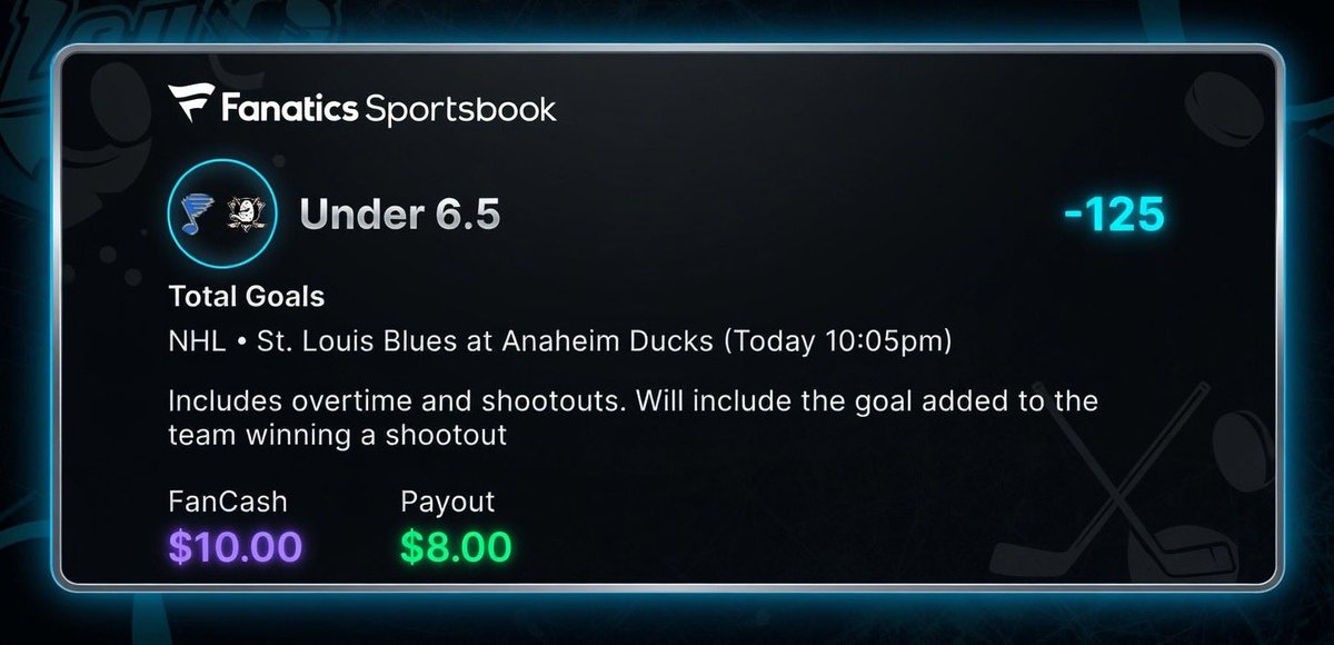 StatsToStacks_'s tweet photo. 🔒 Lockdown Ryan’s NHL Pick of the Night

Blues @ Ducks  
The Play: Under 6.5 (-125)

Blues’ weak offense (2.64 GF/G, 28th) vs leaky Ducks D (3.47 GA/G, 29th) = low total setup. Easy money.  
$10 → $8 profit 💰

Let’s ride! 

#NHL #HockeyPicks #Under #BluesVsDucks #LockdownRyan https://t.co/azHZ5KaslZ
