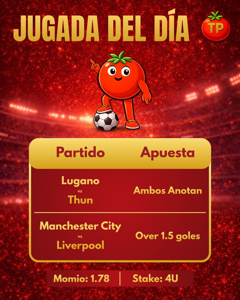 Tomatepicks's tweet photo. 🍅 JUGADA DEL DÍA ⭐️

🏆 Partidos:
🇨🇭 Lugano vs Thun
🏴󠁧󠁢󠁥󠁮󠁧󠁿 Manchester City vs Liverpool
📊 Apuesta: Ambos Anotan en 🇨🇭 + Más de 1.5 goles en 🏴󠁧󠁢󠁥󠁮󠁧󠁿
💰 Momio: 1.78
📈 Stake: 4U

🧾 Récord Mes: 1-2

Más picks por acá: https://t.co/jLRpYRaHC7 https://t.co/9rgu7CEh84