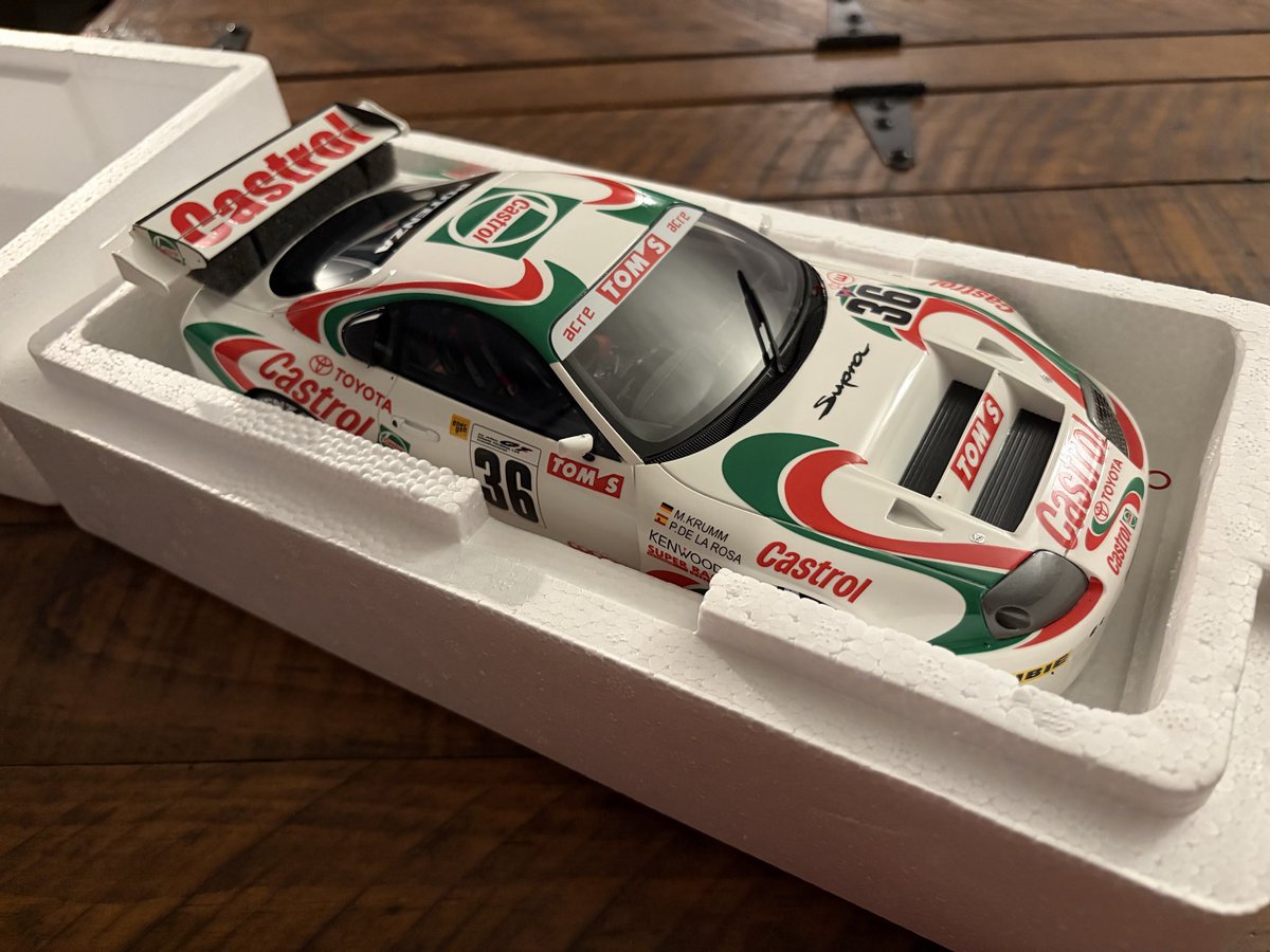 Wilsonic6's tweet photo. I’ve been collecting models since I was a kid. When I first played Gran Turismo in 1998, I became obsessed with race car from Toyota. After 28 years of waiting, I finally have a 1/18 scale Tom’s Castrol Supra! Thank you to @ottomodels and @LB_littlebolide for making this happen! https://t.co/qJsyVaSdbi